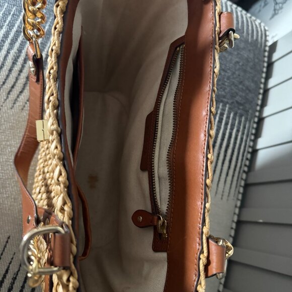 MICHAEL KORS RAFFIA SANTORINI TOTE PURSE, STRAW W/ GOLD CHAIN & BROWN LEATHER - Picture 9 of 11